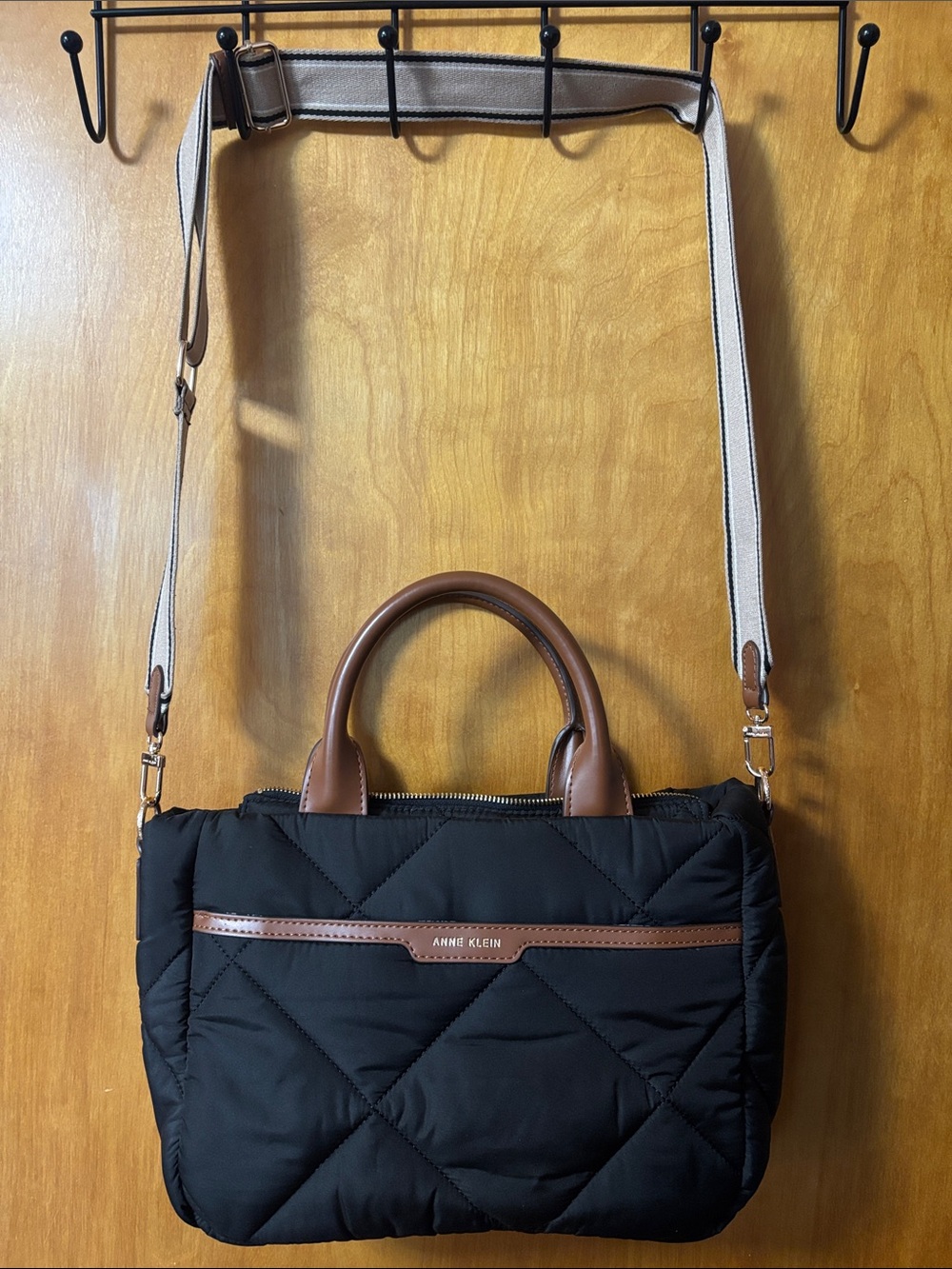 Anne Klein Black Quilted Satchel with Brown Trim and Striped Strap